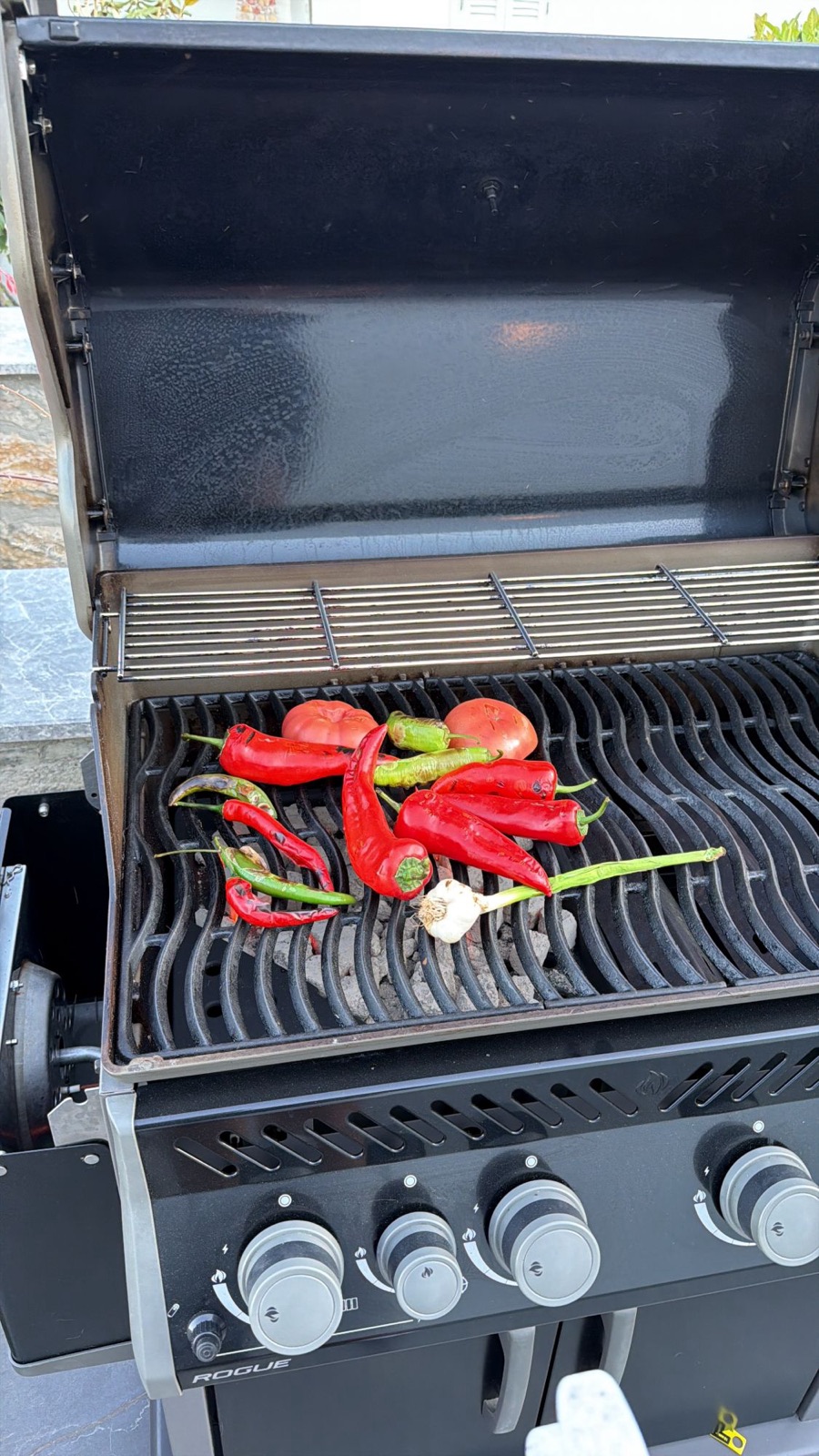 Peppers, tomatoes and garlic on the grill