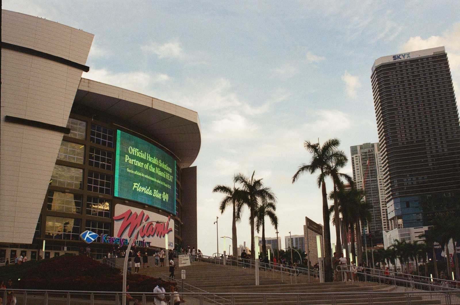 The Miami Heat arena at dusk, on film
