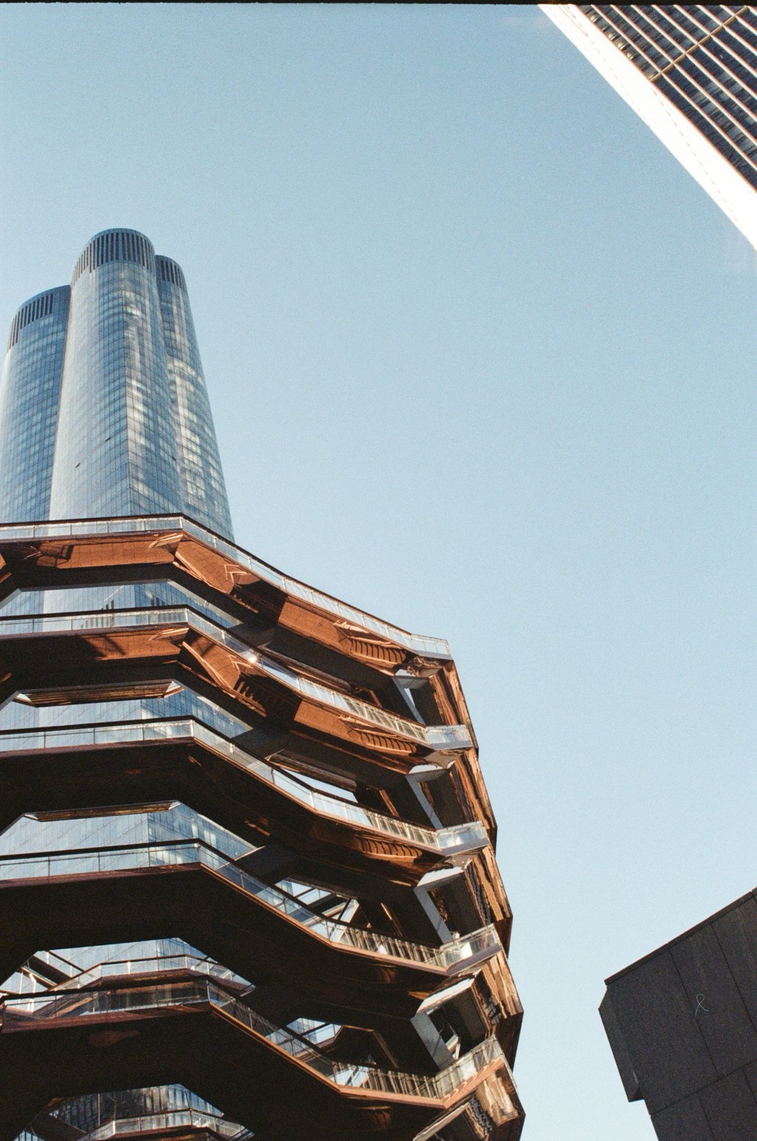 The Vessel at Hudson Yards from below, on film