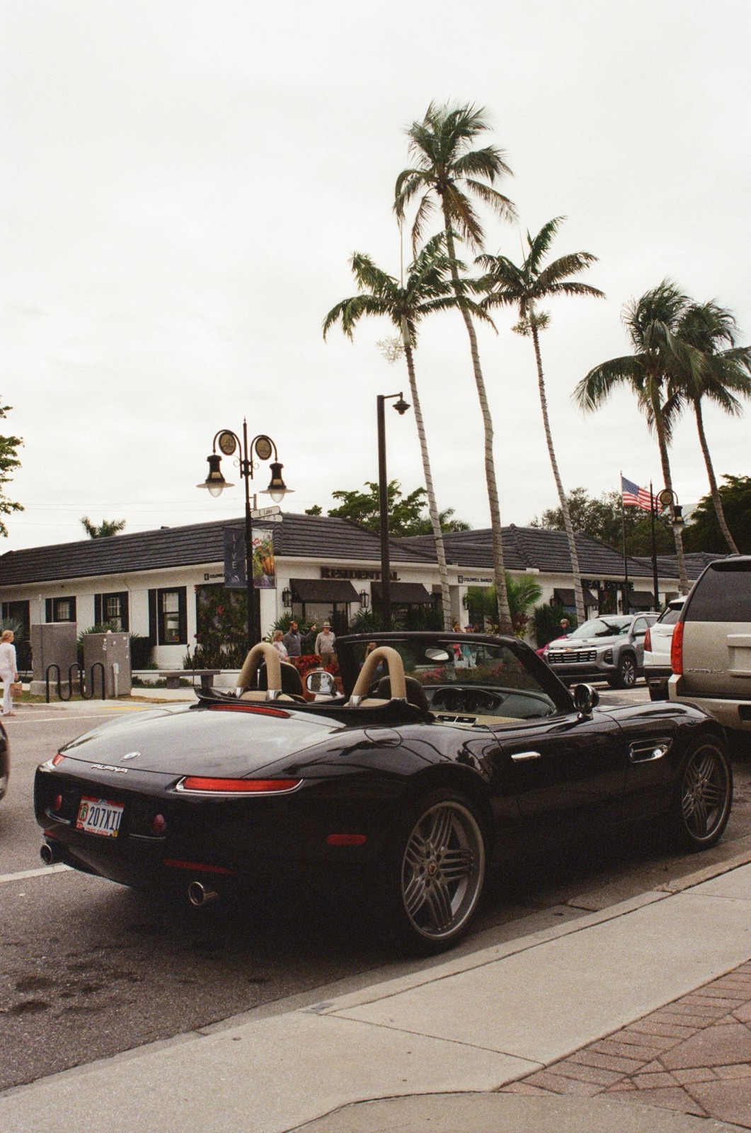 A black roadster under palm trees, on film