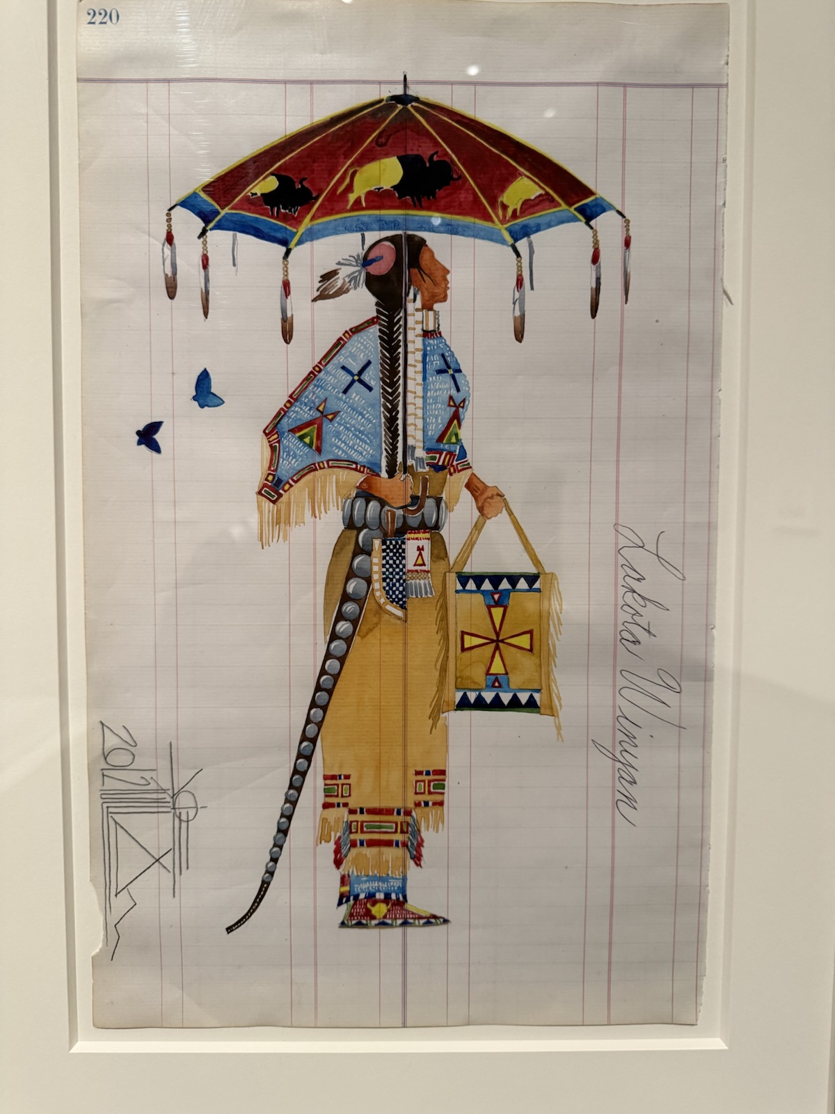 A framed illustration of a woman with a parasol